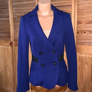 Kay Unger navy blue textured blazer with black accents, double breasted jacket